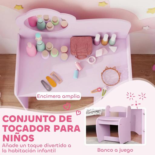 Tocador Infantil con Taburete y Espejo en Forma de Flor con Estantes Abiertos para Niños y Niñas de 3-8 Años Morado [6]