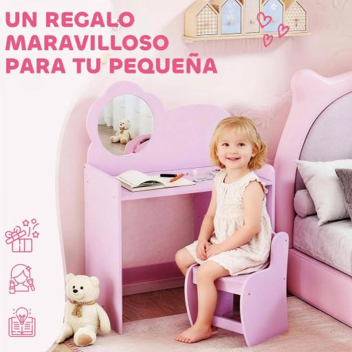 Tocador Infantil con Taburete y Espejo en Forma de Flor con Estantes Abiertos para Niños y Niñas de 3-8 Años Morado [2]