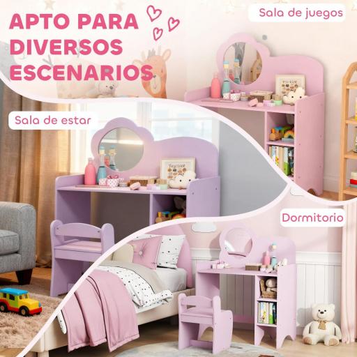 Tocador Infantil con Taburete y Espejo en Forma de Flor con Estantes Abiertos para Niños y Niñas de 3-8 Años Morado [7]