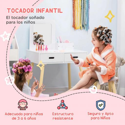 Tocador de Madera Infantil con Taburete y Espejo Centro de Belleza con 2 Cajones para 3-6 Años 60x40x95cm Blanco [3]
