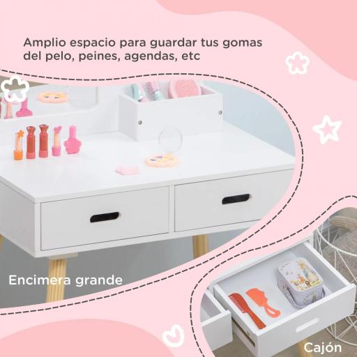 Tocador de Madera Infantil con Taburete y Espejo Centro de Belleza con 2 Cajones para 3-6 Años 60x40x95cm Blanco [2]