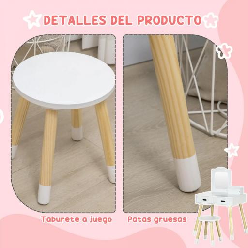 Tocador de Madera Infantil con Taburete y Espejo Centro de Belleza con 2 Cajones para 3-6 Años 60x40x95cm Blanco [4]