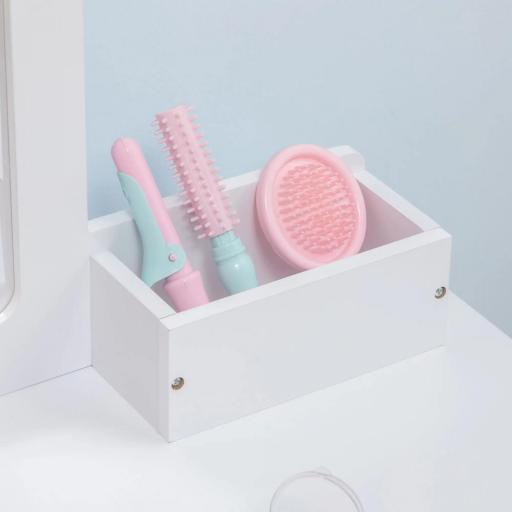 Tocador de Madera Infantil con Taburete y Espejo Centro de Belleza con 2 Cajones para 3-6 Años 60x40x95cm Blanco [5]