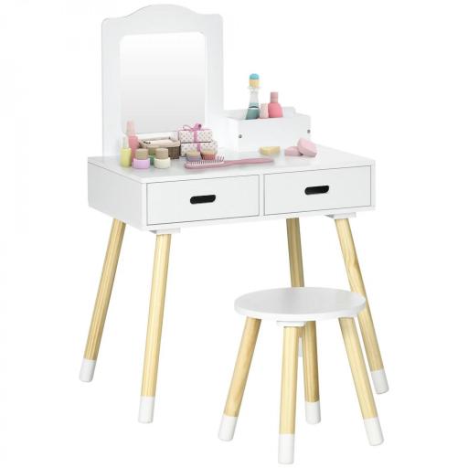 Tocador de Madera Infantil con Taburete y Espejo Centro de Belleza con 2 Cajones para 3-6 Años 60x40x95cm Blanco [9]