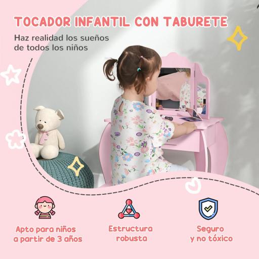 Tocador Infantil con Taburete y Espejo Ajustable Tocador para Niñas de 3-6 Años con Cajón Rosa [2]