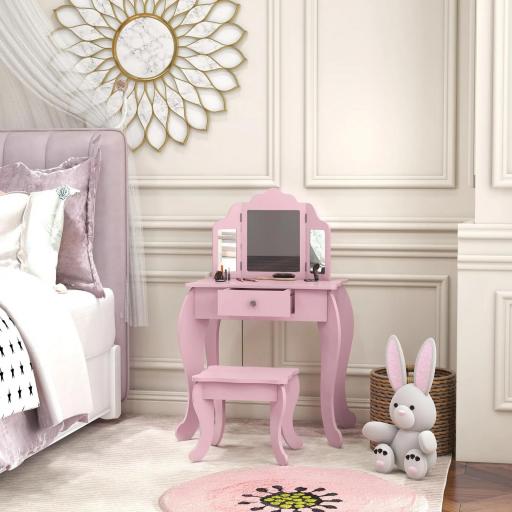 Tocador Infantil con Taburete y Espejo Ajustable Tocador para Niñas de 3-6 Años con Cajón Rosa [3]