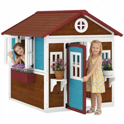 Casita de Madera Infantil con Puerta Ventanas Jardineras y Repisas con Detalles de Color 114x126,4x135 cm Marrón Oscuro [10]
