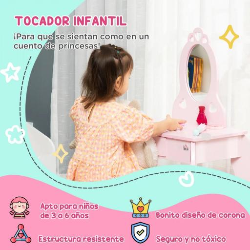 Tocador Infantil de Madera para 3-6 Años con Cajón Taburete a Juego y Espejo Tipo Princesa 60x36x88 cm Rosa [3]