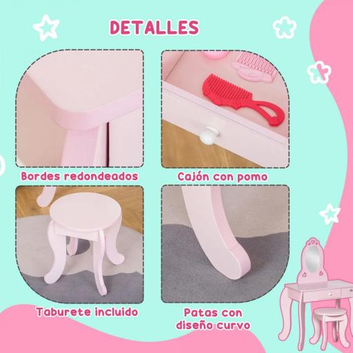Tocador Infantil de Madera para 3-6 Años con Cajón Taburete a Juego y Espejo Tipo Princesa 60x36x88 cm Rosa [4]