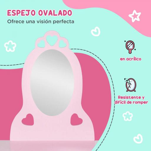 Tocador Infantil de Madera para 3-6 Años con Cajón Taburete a Juego y Espejo Tipo Princesa 60x36x88 cm Rosa [2]