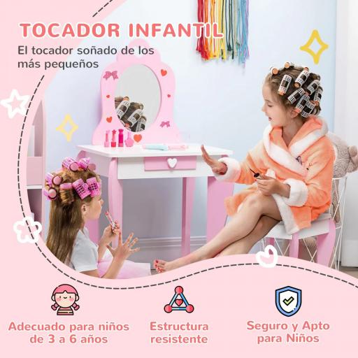 Tocador de Madera Infantil con Taburete y Espejo Centro de Belleza con 1 Cajón para 3-6 Años 50x36,5x89,5cm Rosa [3]