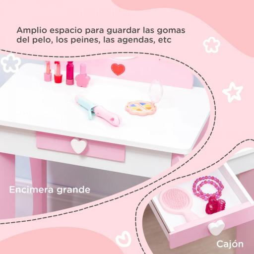 Tocador de Madera Infantil con Taburete y Espejo Centro de Belleza con 1 Cajón para 3-6 Años 50x36,5x89,5cm Rosa [4]