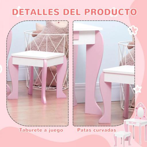 Tocador de Madera Infantil con Taburete y Espejo Centro de Belleza con 1 Cajón para 3-6 Años 50x36,5x89,5cm Rosa [2]