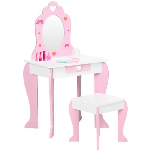 Tocador de Madera Infantil con Taburete y Espejo Centro de Belleza con 1 Cajón para 3-6 Años 50x36,5x89,5cm Rosa [10]