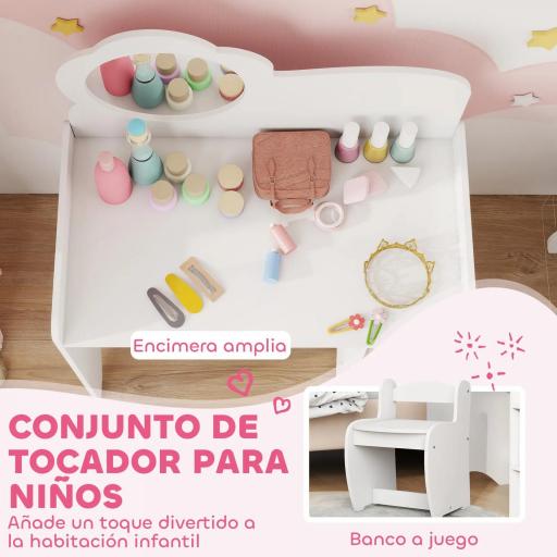 Tocador de Maquillaje Niña 2 en 1 Escritorio con Taburete Espejo Estantes Abiertos para Niños +3 Años Blanco [4]