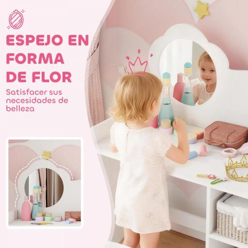 Tocador de Maquillaje Niña 2 en 1 Escritorio con Taburete Espejo Estantes Abiertos para Niños +3 Años Blanco [1]