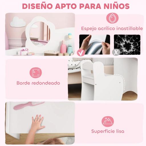Tocador de Maquillaje Niña 2 en 1 Escritorio con Taburete Espejo Estantes Abiertos para Niños +3 Años Blanco [7]