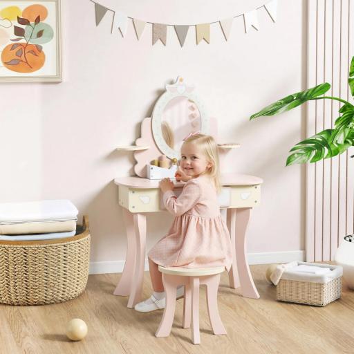 Tocador para Niñas 2 en 1 Escritorio con Taburete Espejo Cajón 7 Accesorios para Niños a Partir de 3 Años Rosa