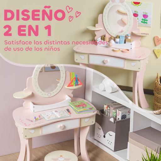 Tocador para Niñas 2 en 1 Escritorio con Taburete Espejo Cajón 7 Accesorios para Niños a Partir de 3 Años Rosa [2]