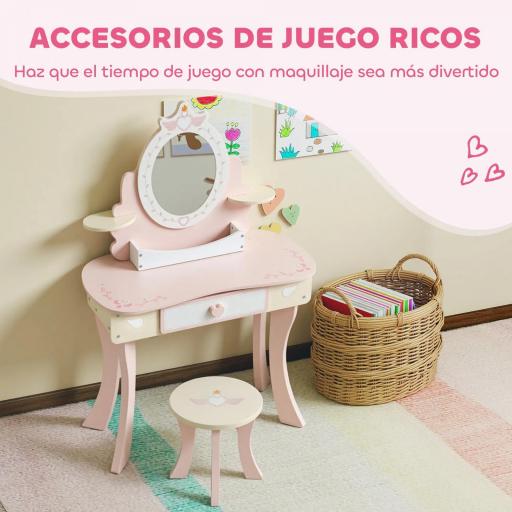 Tocador para Niñas 2 en 1 Escritorio con Taburete Espejo Cajón 7 Accesorios para Niños a Partir de 3 Años Rosa [5]