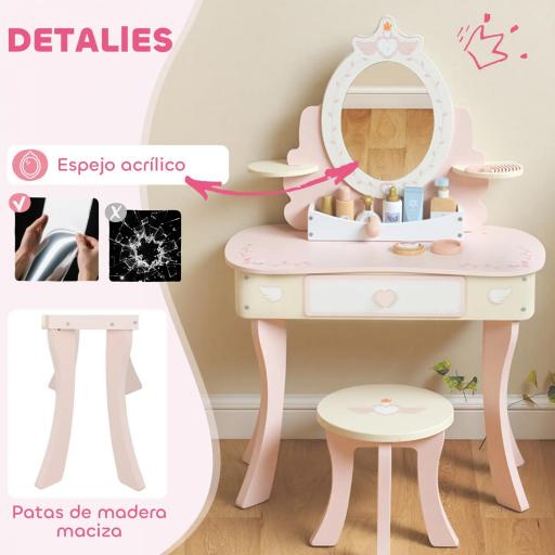Tocador para Niñas 2 en 1 Escritorio con Taburete Espejo Cajón 7 Accesorios para Niños a Partir de 3 Años Rosa [7]
