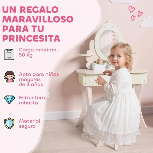 Tocador para Niñas 2 en 1 Escritorio con Taburete Espejo Cajón 7 Accesorios para Niños a Partir de 3 Años Rosa [6]