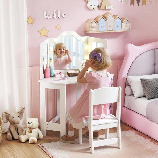 Set de tocador infantil con taburete, tocador para niñas con luces LED bicolor, espejo de tres paneles, Blanco
