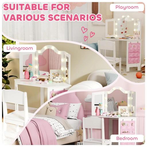 Set de tocador infantil con taburete, tocador para niñas con luces LED bicolor, espejo de tres paneles, Blanco [1]