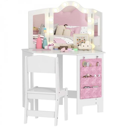 Set de tocador infantil con taburete, tocador para niñas con luces LED bicolor, espejo de tres paneles, Blanco [4]