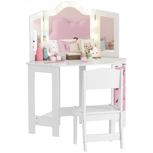 Set de tocador infantil con taburete, tocador para niñas con luces LED bicolor, espejo de tres paneles, Blanco [5]
