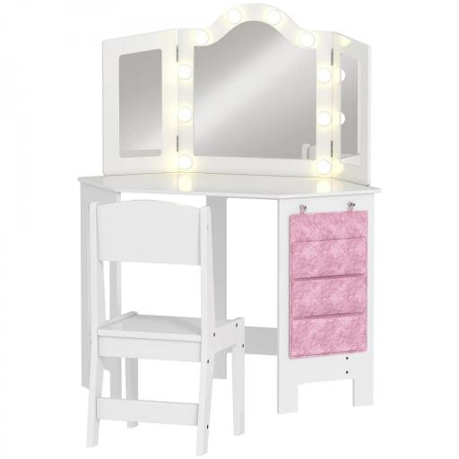 Set de tocador infantil con taburete, tocador para niñas con luces LED bicolor, espejo de tres paneles, Blanco [6]