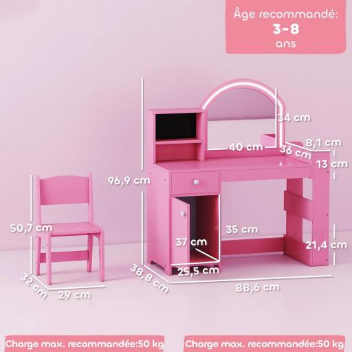 Tocador infantil con taburete y espejo LED, mesa de maquillaje para 3 a 8 años, 88,6 x 38,8 x 96,9 cm, rosa [2]
