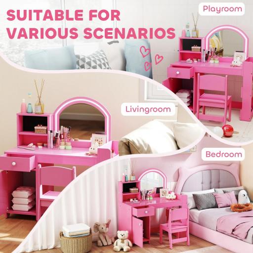 Tocador infantil con taburete y espejo LED, mesa de maquillaje para 3 a 8 años, 88,6 x 38,8 x 96,9 cm, rosa [1]
