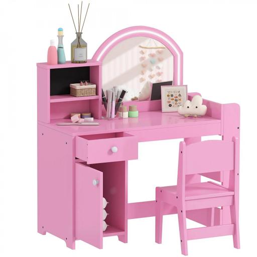 Tocador infantil con taburete y espejo LED, mesa de maquillaje para 3 a 8 años, 88,6 x 38,8 x 96,9 cm, rosa [4]
