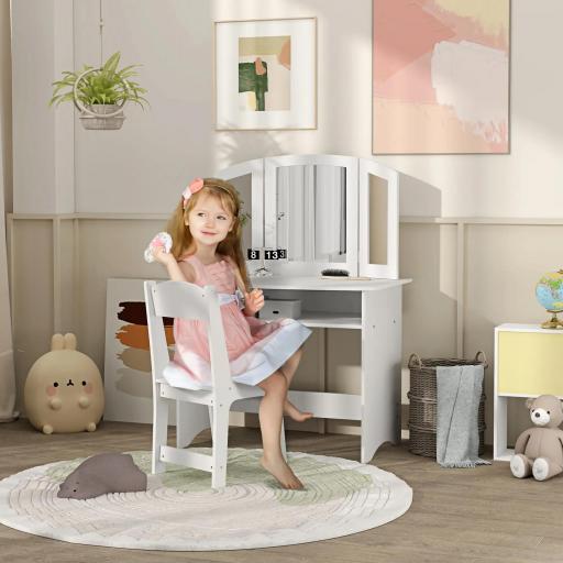Set de Maquillaje para Niños con Tocador Espejo Triple Desmontable y Silla de Madera Blanco