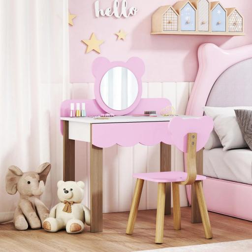 Conjunto de Tocador con Taburete para Niños, Espejo de Maquillaje en Forma de Oso, Cajón, MDF, Rosa