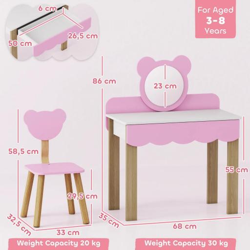 Conjunto de Tocador con Taburete para Niños, Espejo de Maquillaje en Forma de Oso, Cajón, MDF, Rosa [1]
