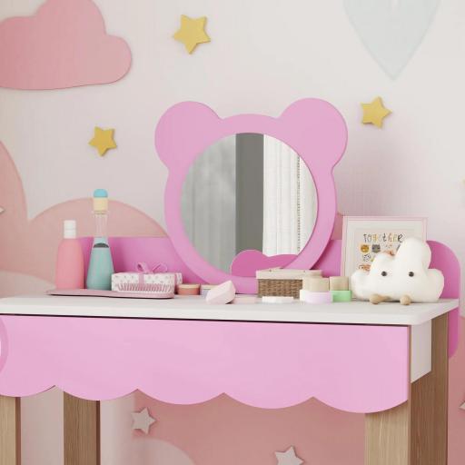 Conjunto de Tocador con Taburete para Niños, Espejo de Maquillaje en Forma de Oso, Cajón, MDF, Rosa [2]