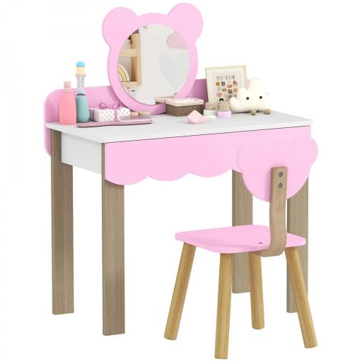Conjunto de Tocador con Taburete para Niños, Espejo de Maquillaje en Forma de Oso, Cajón, MDF, Rosa [4]