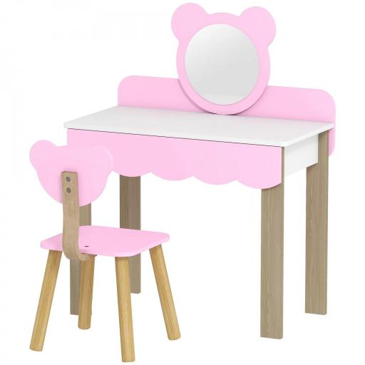 Conjunto de Tocador con Taburete para Niños, Espejo de Maquillaje en Forma de Oso, Cajón, MDF, Rosa [5]