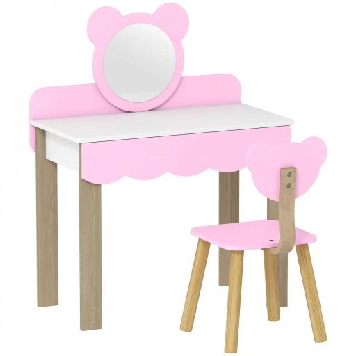 Conjunto de Tocador con Taburete para Niños, Espejo de Maquillaje en Forma de Oso, Cajón, MDF, Rosa [6]