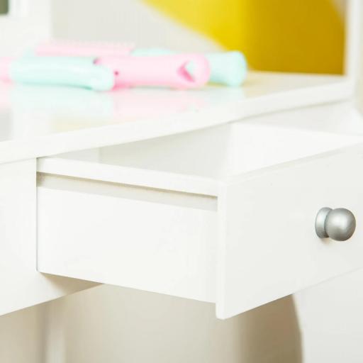 Tocador Infantil con Taburete, Espejo tríptico y cajón deslizante - Tocador dim, 63x40x85,5 cm - Blanco Acrílico [3]