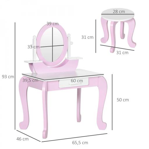 Tocador de Madera Infantil con Taburete y Espejo Centro de Belleza con 1 Cajón para 3-6 Años 65,5x46x93 cm Rosa [1]