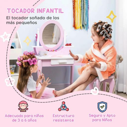 Tocador de Madera Infantil con Taburete y Espejo Centro de Belleza con 1 Cajón para 3-6 Años 65,5x46x93 cm Rosa [4]