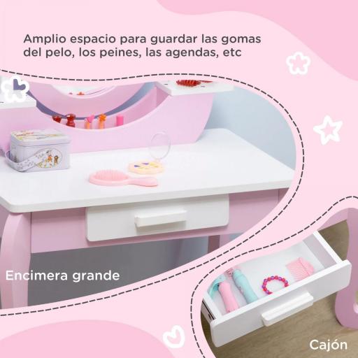 Tocador de Madera Infantil con Taburete y Espejo Centro de Belleza con 1 Cajón para 3-6 Años 65,5x46x93 cm Rosa [2]