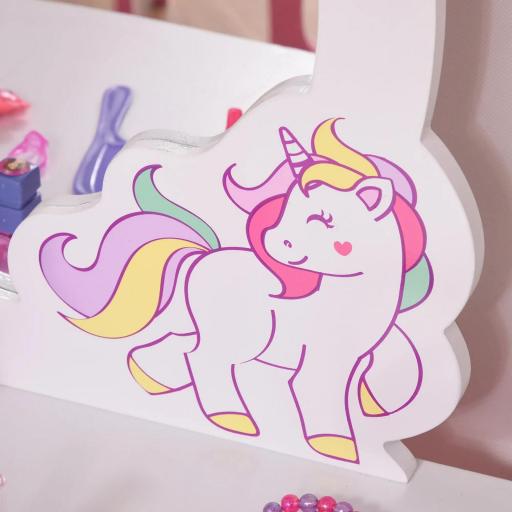 Cómoda Infantil Diseño Unicornio - Taburete Incluido - 49x34x90 cm - cajón, Espejo - MDF - Rosa Blanco [3]