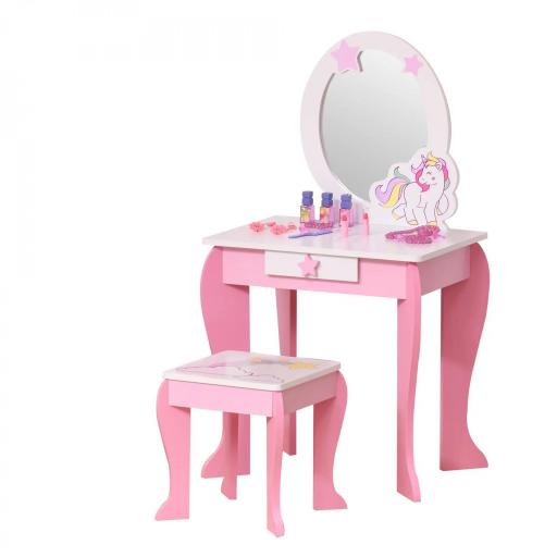 Cómoda Infantil Diseño Unicornio - Taburete Incluido - 49x34x90 cm - cajón, Espejo - MDF - Rosa Blanco [5]