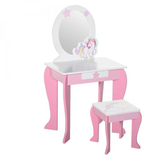 Cómoda Infantil Diseño Unicornio - Taburete Incluido - 49x34x90 cm - cajón, Espejo - MDF - Rosa Blanco [6]