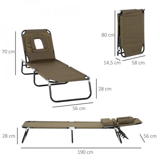 Tumbona Plegable con Respaldo Regulable 4 Posiciones con Orificio de Lectura Almohada Tela Oxford 190x56x28 cm Marrón [1]