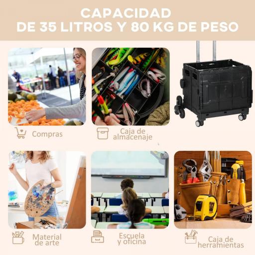 Carrito de la Compra Plegable con 2 Ruedas para Subir Escaleras Ángulo y Longitud de Mango Ajustable 48x43x95 cm Negro [4]